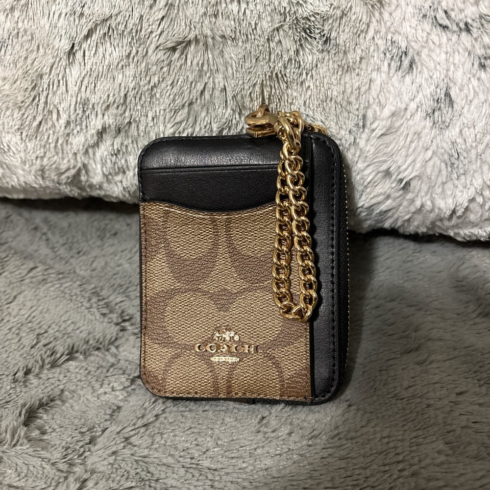 Coach Black and Brown Card Holder with Gold Chain